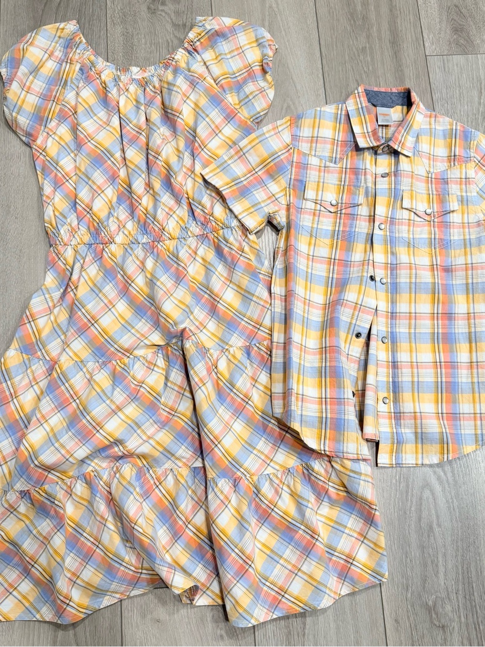 Mom & Son: Gymboree Pastel Plaid Button-Down Shirt and Tiered Dress